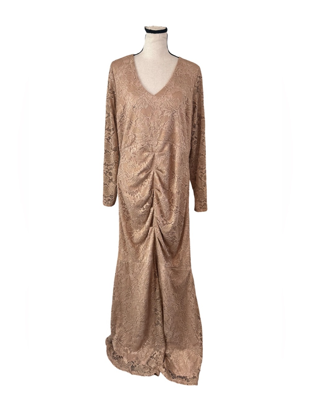 Marina 18W Nude Floral Lace Ruched Mermaid Maxi Dress Long Sleeve Formal